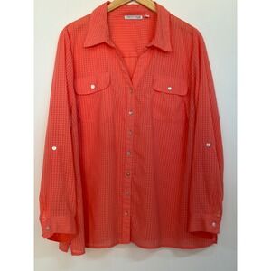 Notations Woman 3X Coral Check Blouse Roll Tab Sleeve Button Down Plus Size
